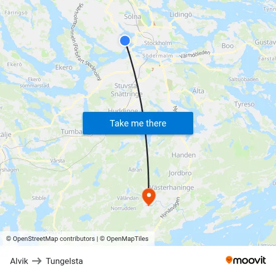 Alvik to Tungelsta map