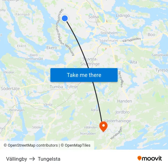 Vällingby to Tungelsta map