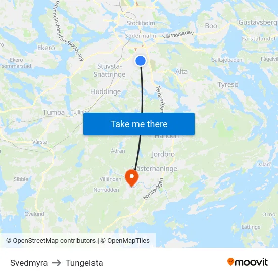 Svedmyra to Tungelsta map