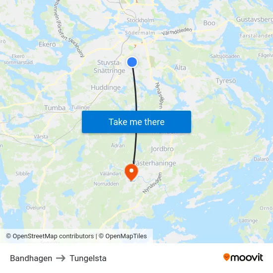 Bandhagen to Tungelsta map