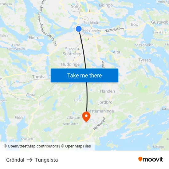 Gröndal to Tungelsta map