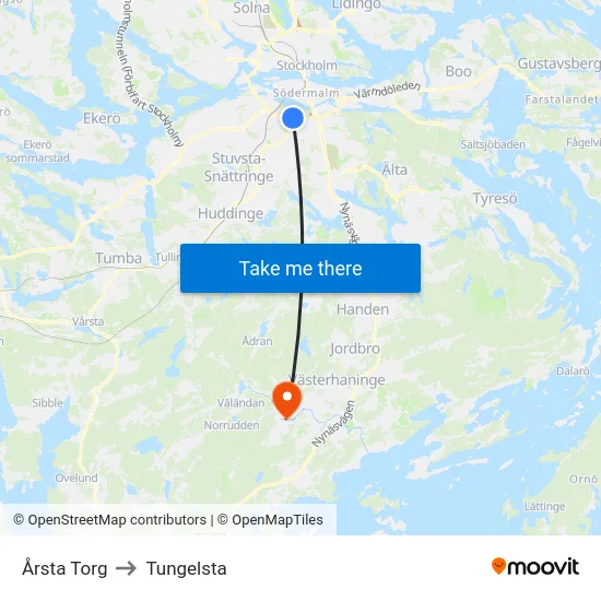Årsta Torg to Tungelsta map