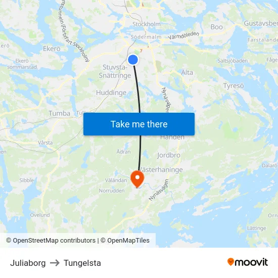 Juliaborg to Tungelsta map