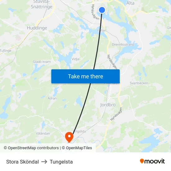 Stora Sköndal to Tungelsta map