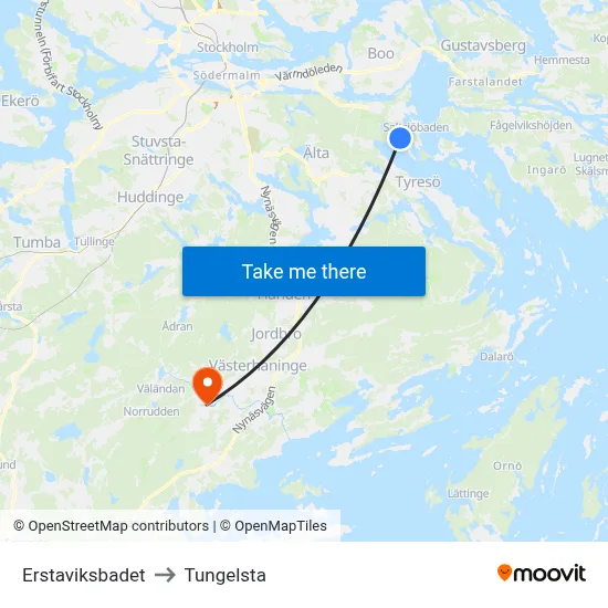 Erstaviksbadet to Tungelsta map