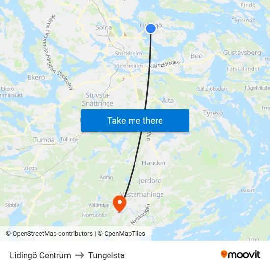 Lidingö Centrum to Tungelsta map
