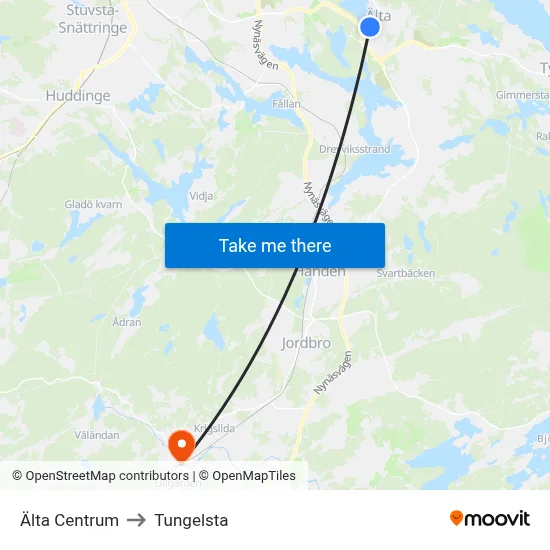 Älta Centrum to Tungelsta map