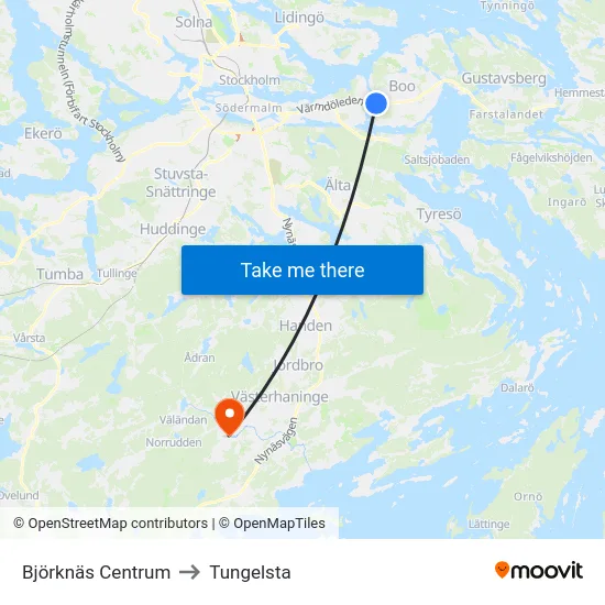 Björknäs Centrum to Tungelsta map