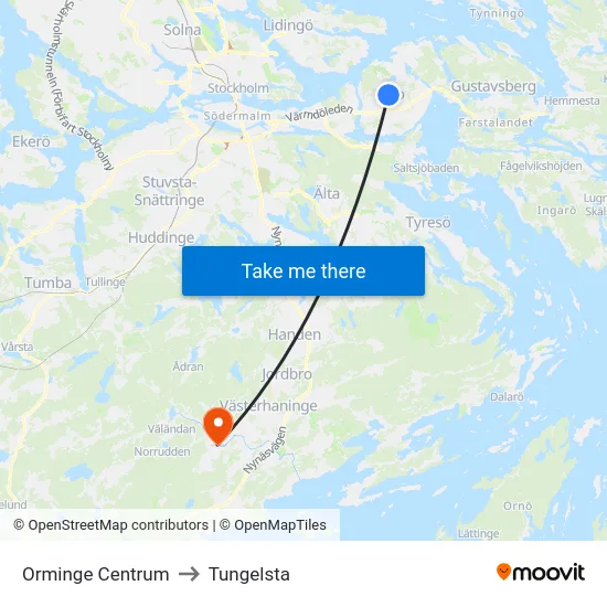 Orminge Centrum to Tungelsta map