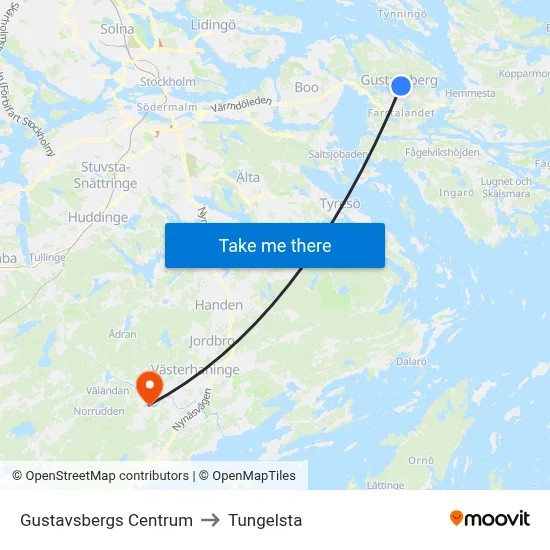 Gustavsbergs Centrum to Tungelsta map