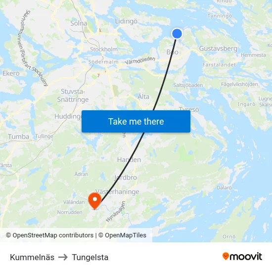 Kummelnäs to Tungelsta map