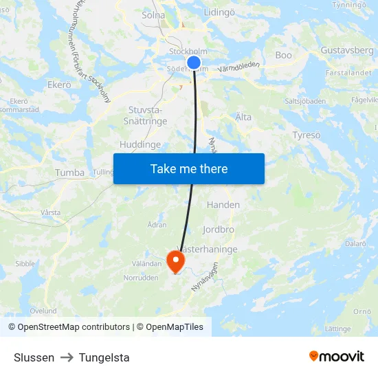 Slussen to Tungelsta map