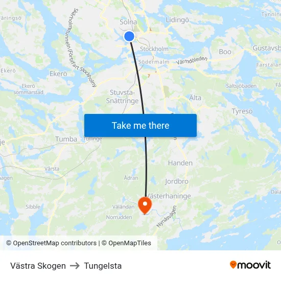 Västra Skogen to Tungelsta map