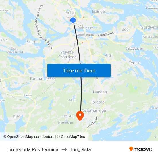 Tomteboda Postterminal to Tungelsta map