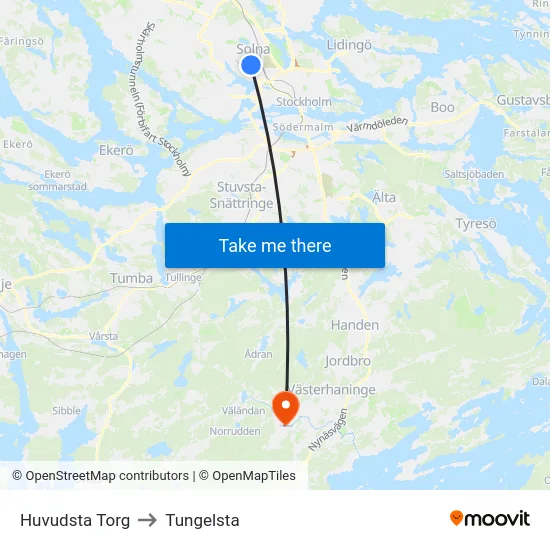 Huvudsta Torg to Tungelsta map
