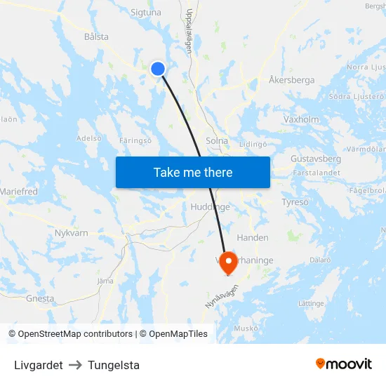 Livgardet to Tungelsta map
