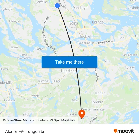 Akalla to Tungelsta map