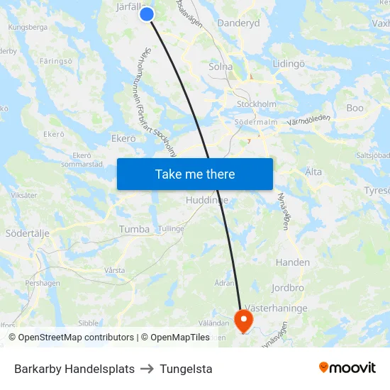 Barkarby Handelsplats to Tungelsta map