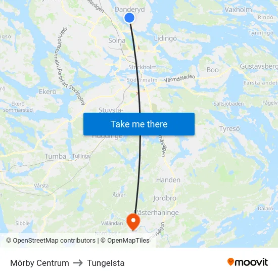 Mörby Centrum to Tungelsta map