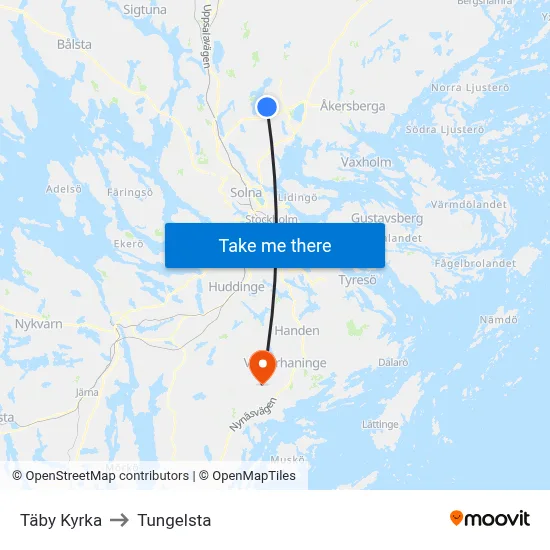 Täby Kyrka to Tungelsta map