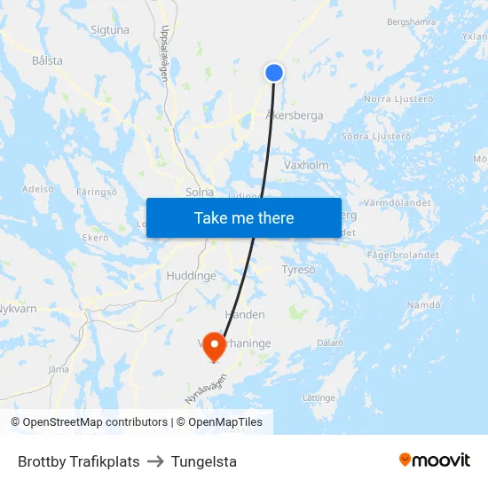 Brottby Trafikplats to Tungelsta map