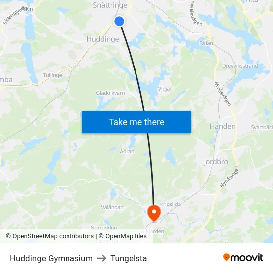 Huddinge Gymnasium to Tungelsta map
