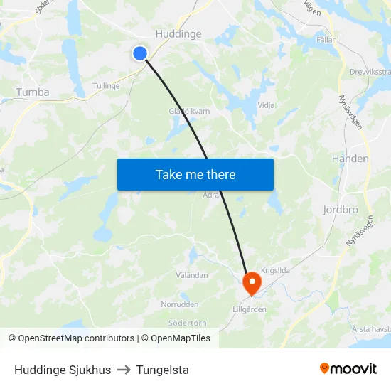 Huddinge Sjukhus to Tungelsta map