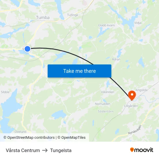 Vårsta Centrum to Tungelsta map