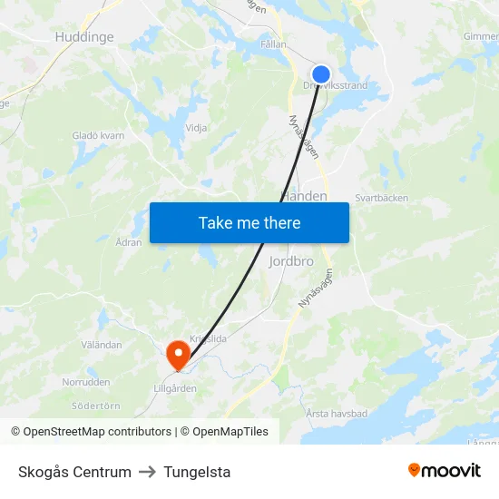 Skogås Centrum to Tungelsta map