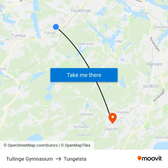 Tullinge Gymnasium to Tungelsta map