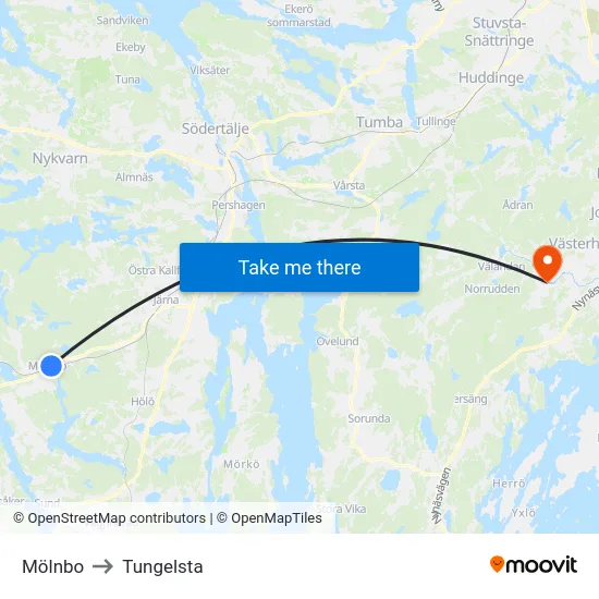 Mölnbo to Tungelsta map