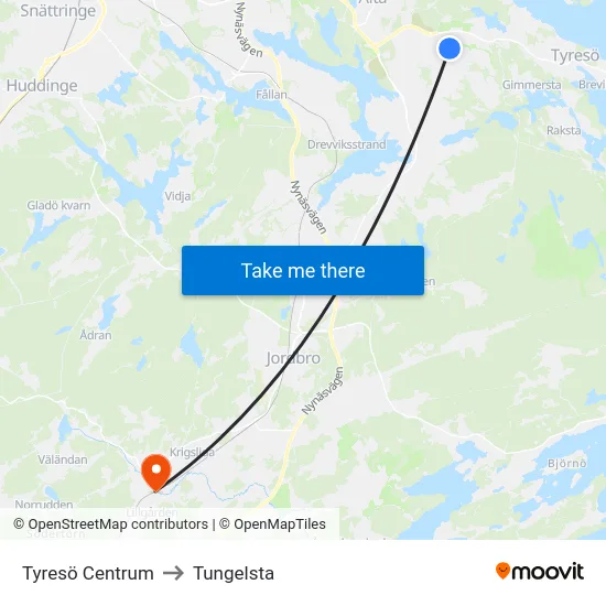 Tyresö Centrum to Tungelsta map