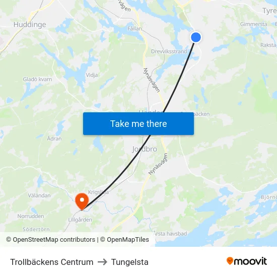 Trollbäckens Centrum to Tungelsta map