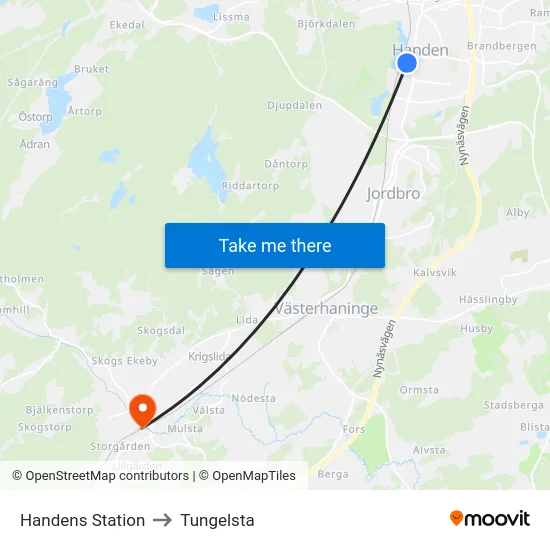 Handens Station to Tungelsta map