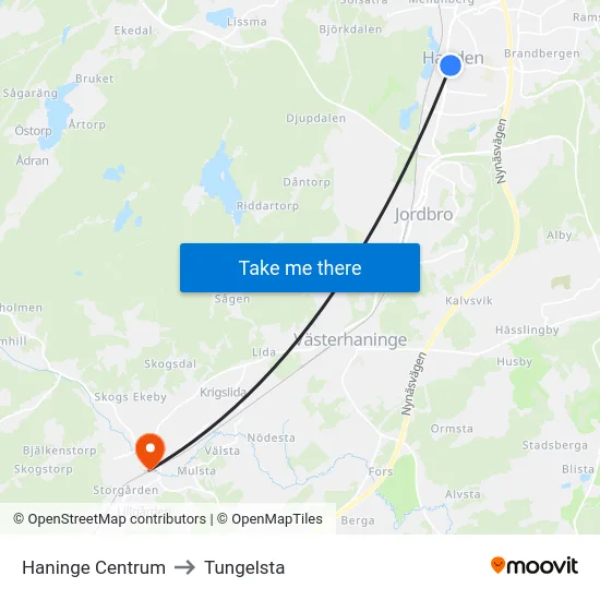 Haninge Centrum to Tungelsta map