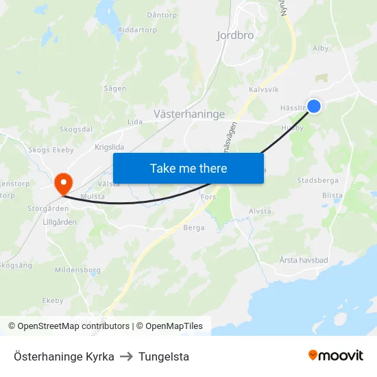 Österhaninge Kyrka to Tungelsta map