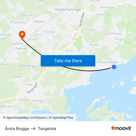 Årsta Brygga to Tungelsta map