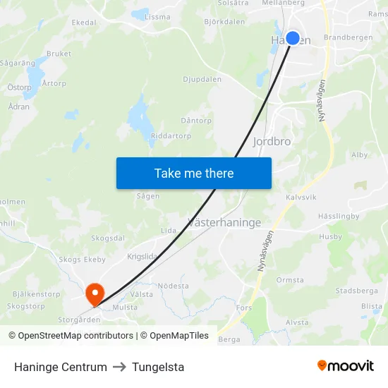 Haninge Centrum to Tungelsta map