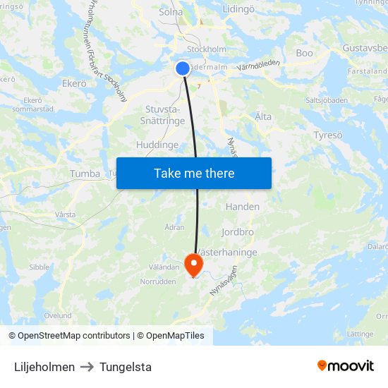 Liljeholmen to Tungelsta map