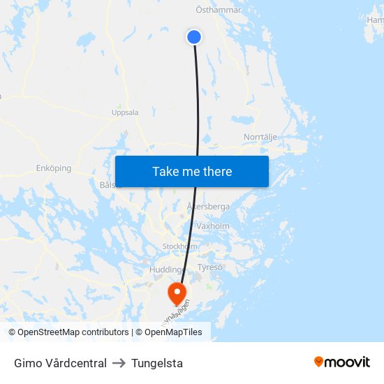 Gimo Vårdcentral to Tungelsta map