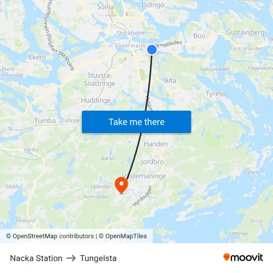 Nacka Station to Tungelsta map
