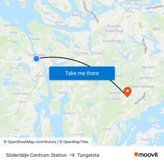Södertälje Centrum Station to Tungelsta map