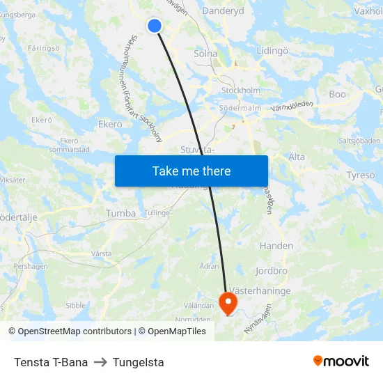 Tensta T-Bana to Tungelsta map