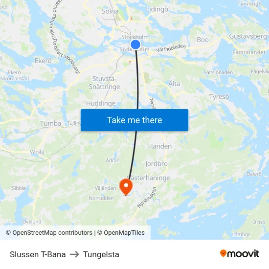 Slussen T-Bana to Tungelsta map