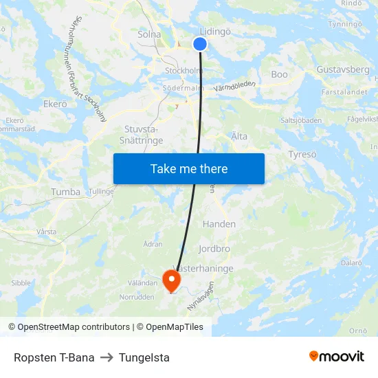 Ropsten T-Bana to Tungelsta map