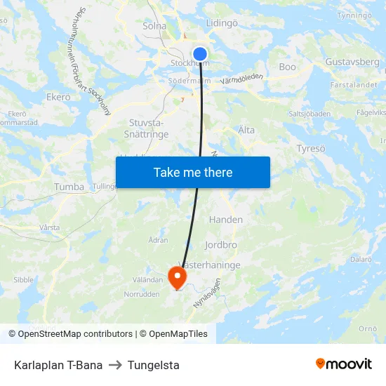 Karlaplan T-Bana to Tungelsta map