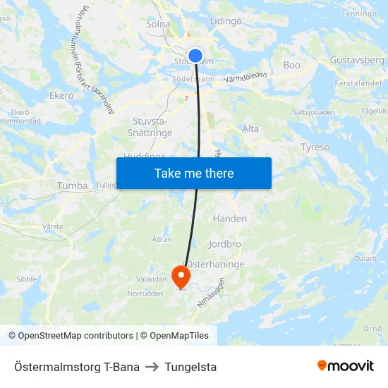 Östermalmstorg T-Bana to Tungelsta map