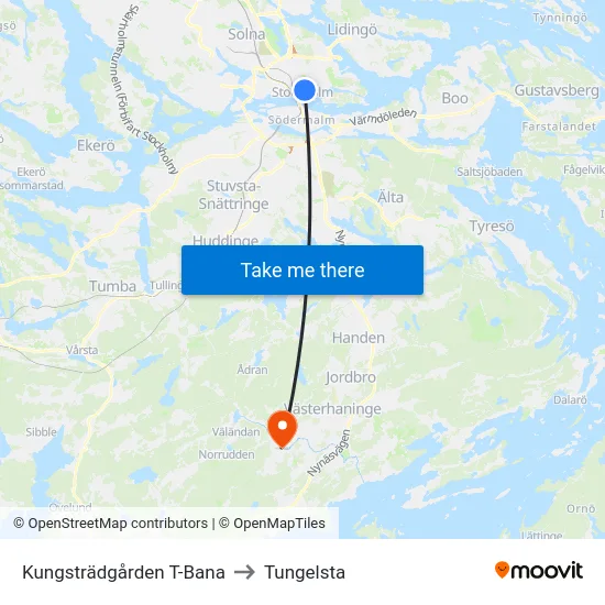 Kungsträdgården T-Bana to Tungelsta map