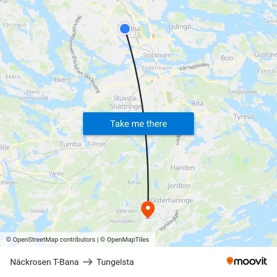 Näckrosen T-Bana to Tungelsta map