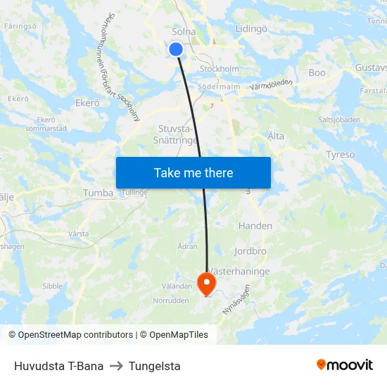 Huvudsta T-Bana to Tungelsta map